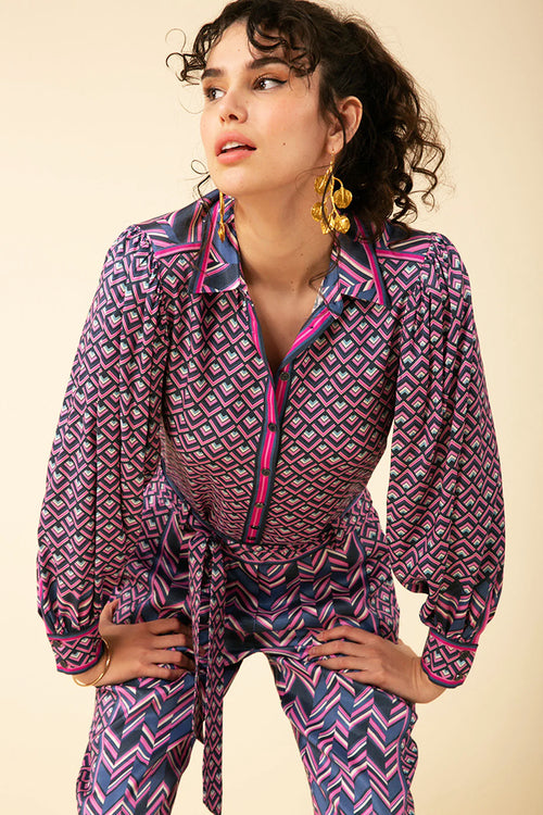 Hale Bob Victoire Twill Top in Navy - Arielle Clothing