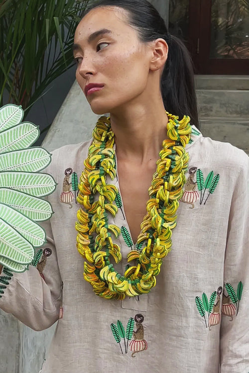 Nimo With Love Sapphire Short Linen Kaftan in Beige with Palm Leaf and Monkey Embroidery - Arielle Clothing