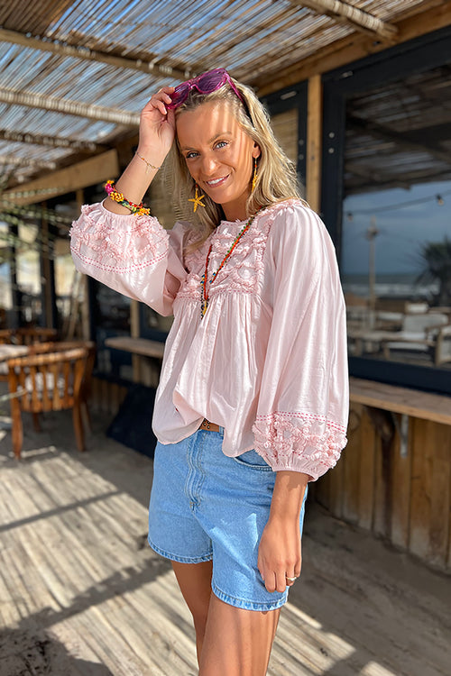 Place du Soleil Long Sleeve Fringe Blouse in Pink - Arielle Clothing