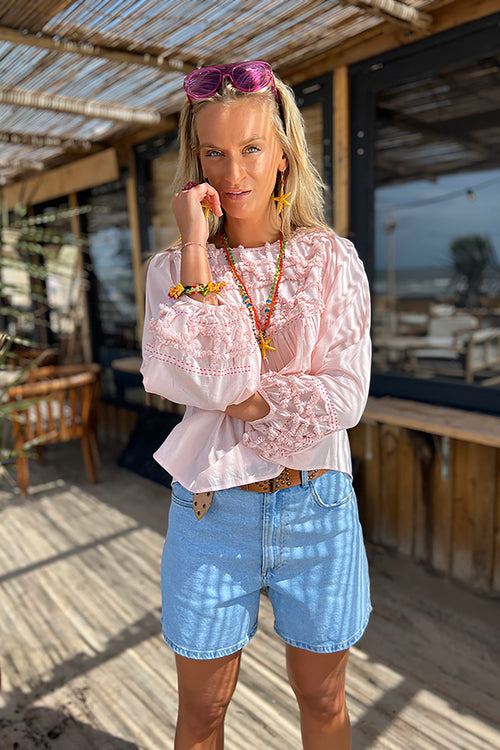 Place du Soleil Long Sleeve Fringe Blouse in Pink - Arielle Clothing