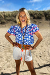 Place du Soleil Cheetah Print Blouse in Azure/White - Arielle Clothing