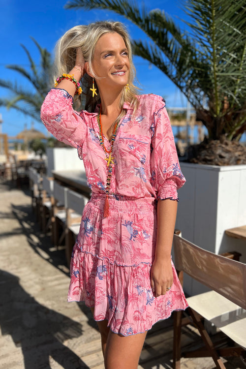 Place du Soleil Short Chiffon Frill Dress in Pink/Multi - Arielle Clothing