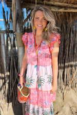 Place du Soleil Palm Print Long Tiered Dress in PInk - Arielle Clothing