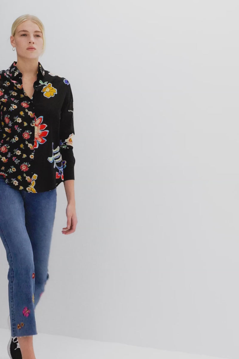 Desigual Half and Half Floral Shirt in Black - Arielle Clothing