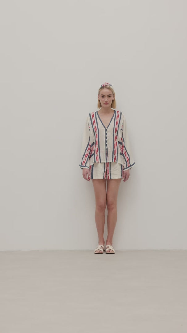 Devotion Twins Dreamy V neck Cotton Shirt in Navy/Red - Arielle Clothing