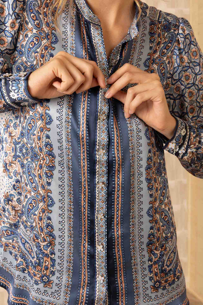 Hale Bob Royal Button Down Blouse in Blue - Arielle Clothing