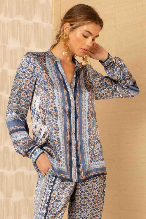 Hale Bob Royal Button Down Blouse in Blue - Arielle Clothing