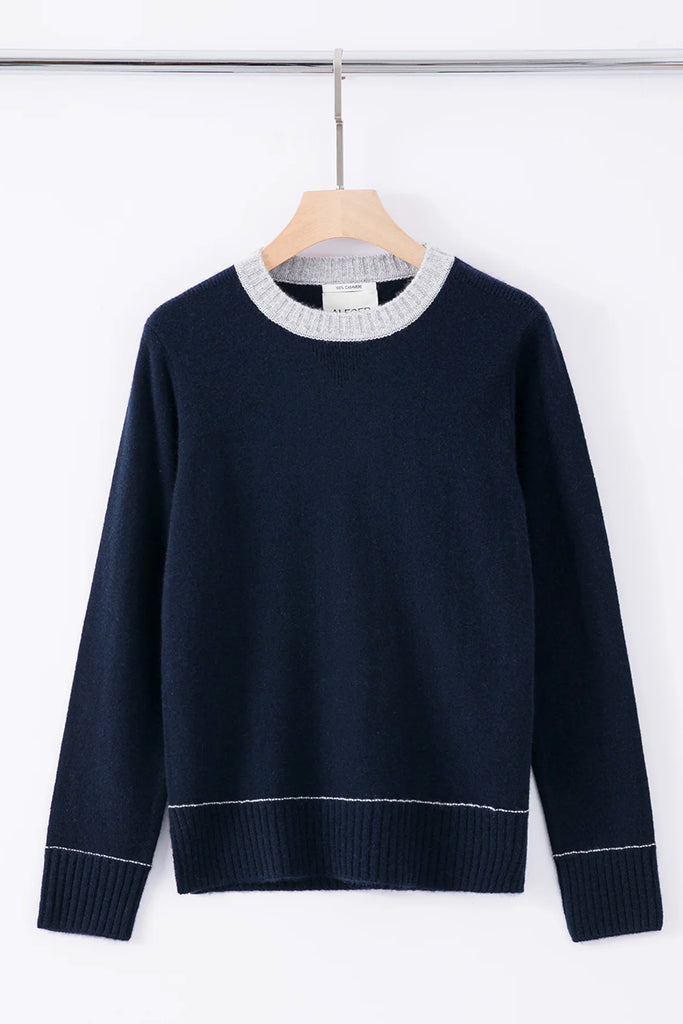 Aleger Cashmere Contrast Collar Crew Neck Sweater in Midnight - Arielle Clothing