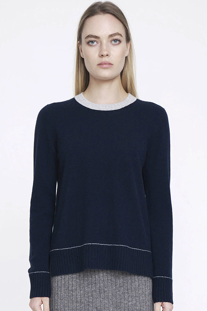 Aleger Cashmere Contrast Collar Crew Neck Sweater in Midnight - Arielle Clothing