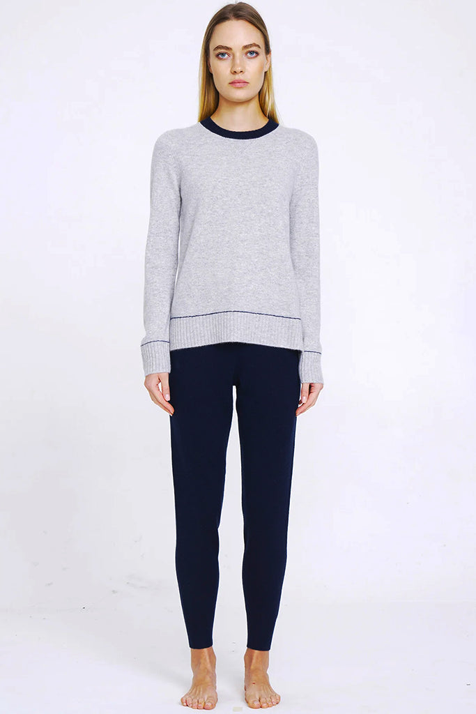 Aleger Cashmere Contrast Collar Crew Neck Sweater in Polar Grey - Arielle Clothing