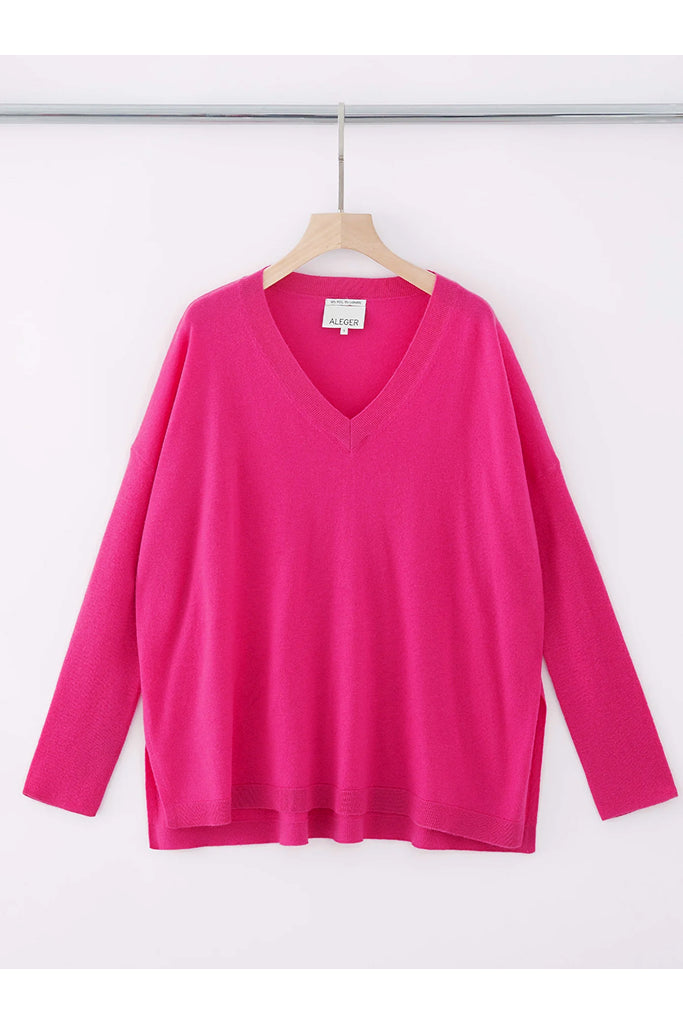 Aleger Cashmere Fine Knit V Neck Sweater in Passion Pink - Arielle Clothing