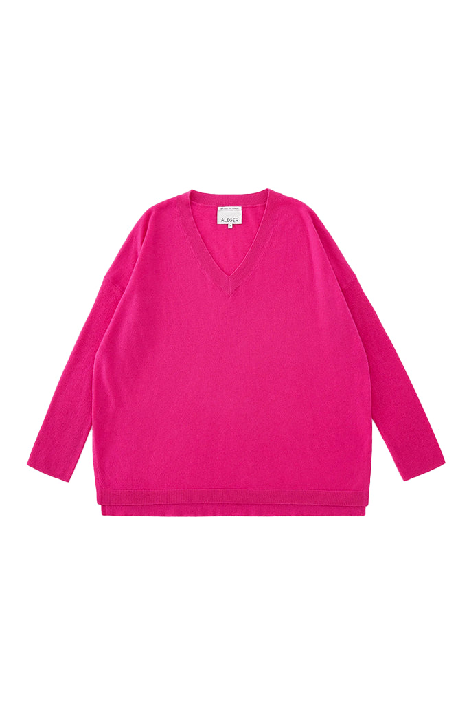 Aleger Cashmere Fine Knit V Neck Sweater in Passion Pink - Arielle Clothing