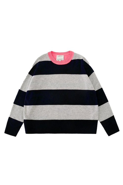 Aleger Cashmere Contrast Stripe Crew Neck Sweater in Navy - Arielle Clothing