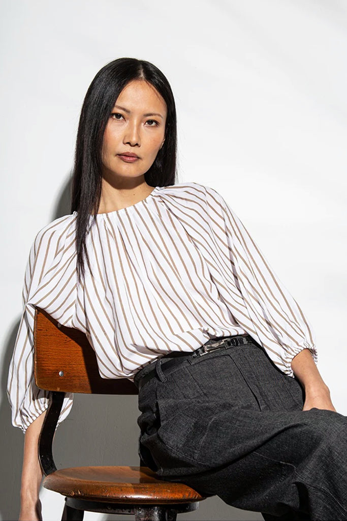 Funky Staff Alana Striped Blouse in White/Taupe - Arielle Clothing