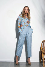 Funky Staff Olivia Blouse in Japan Flower Blue - Arielle Clothing